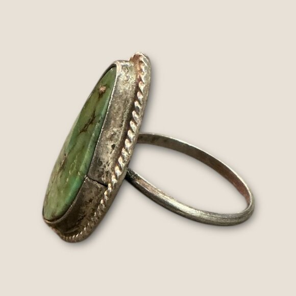 Vintage Green Turquoise Sterling Silver Ring Size 5.25 Oval Shape Rope Design RE - Picture 3 of 8